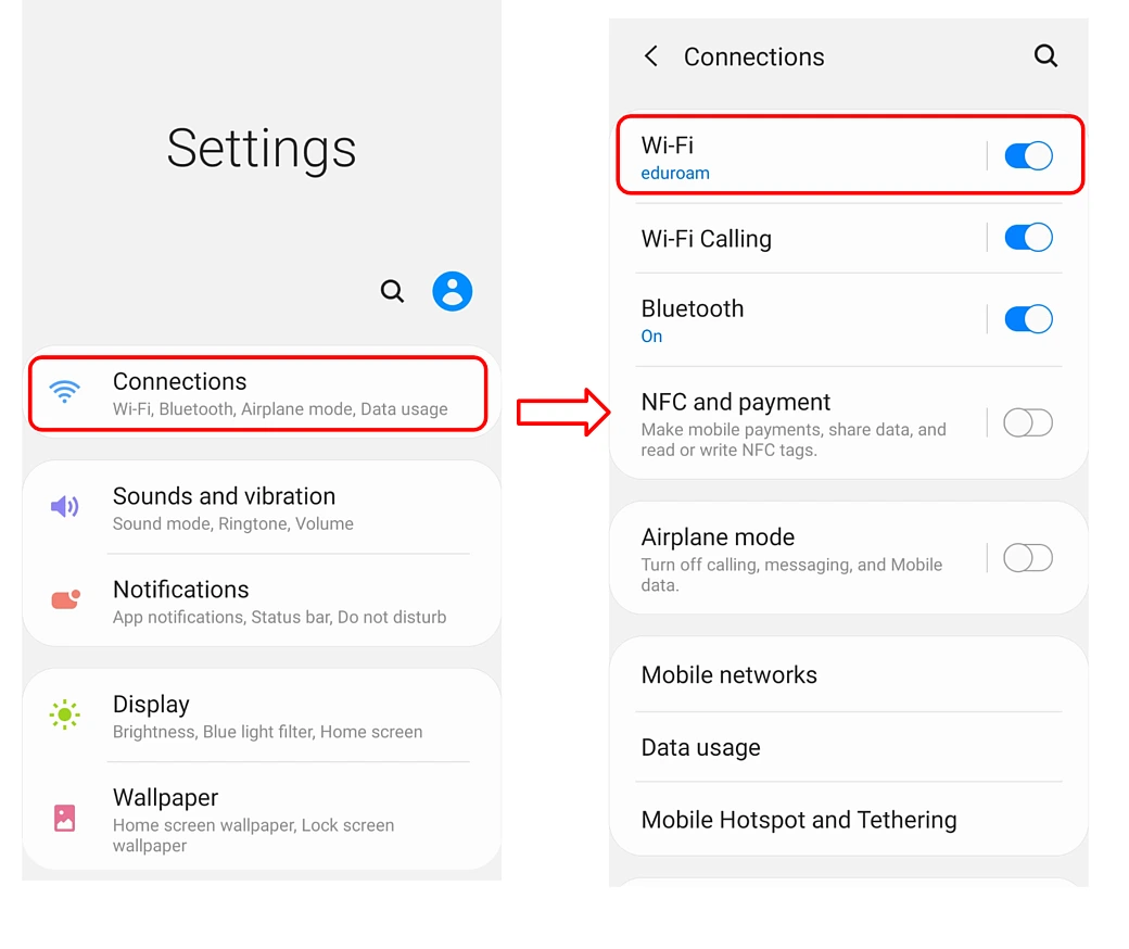 settings home tab and connections tab