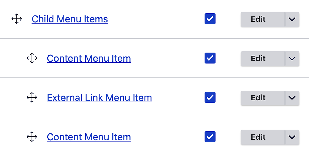 Screenshot of the menu admin UI, showing the relative positions of page and its children in the menu structure