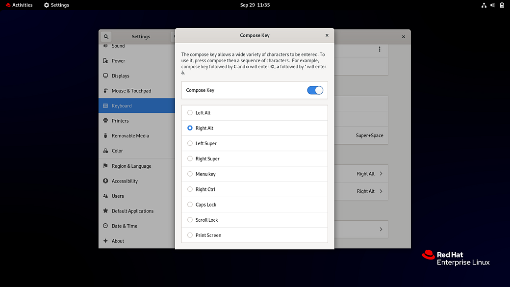 Image of the compose key setup dialog