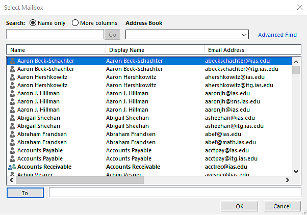Screenshot of Select Mailbox dialog box in Microsoft Outlook 2019
