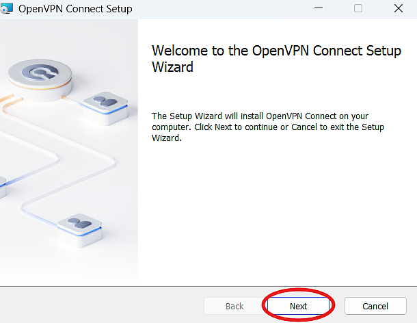 OpenVPN Setup Wizard displaying welcome first step