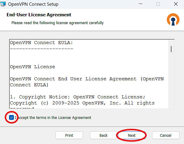 OpenVPN Setup Wizard showing End User License Agreement page