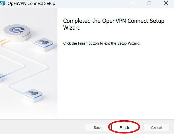 OpenVPN Setup Wizard showing the completion of the installation of OpenVPN