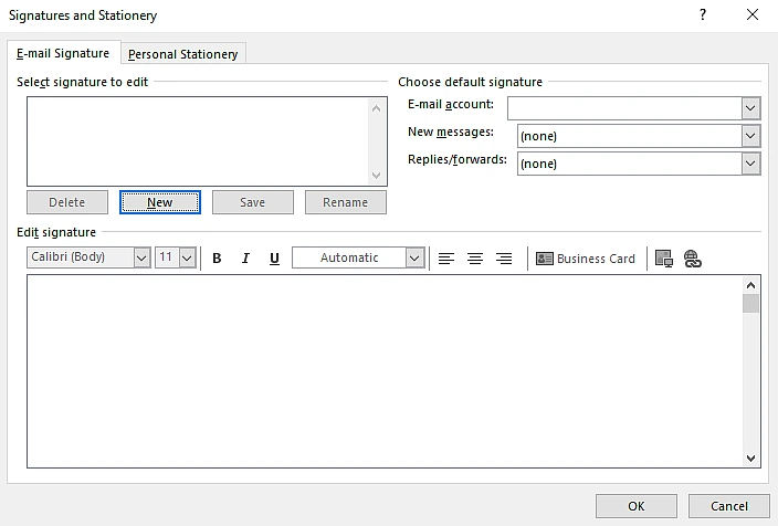 Screenshot of Signatures and Stationery Microsoft Outlook dialogue box
