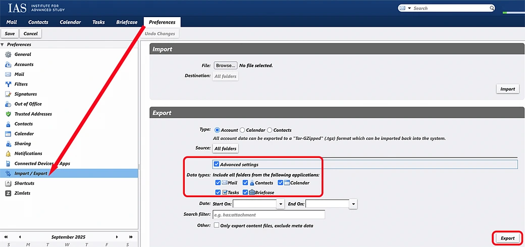 Zimbra Export Email Screenshot