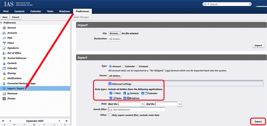 Zimbra Export Email Screenshot