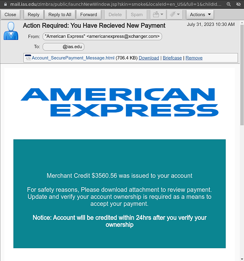 A phishing email from American Express indicating that a Merchant Credit of $3500.56 was added to your account.