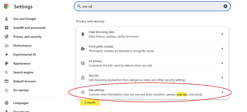 Chrome Search Site Settings
