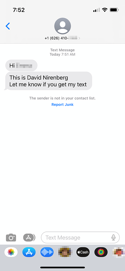 Text message scam impersonating David Nirenberg asking for a response.