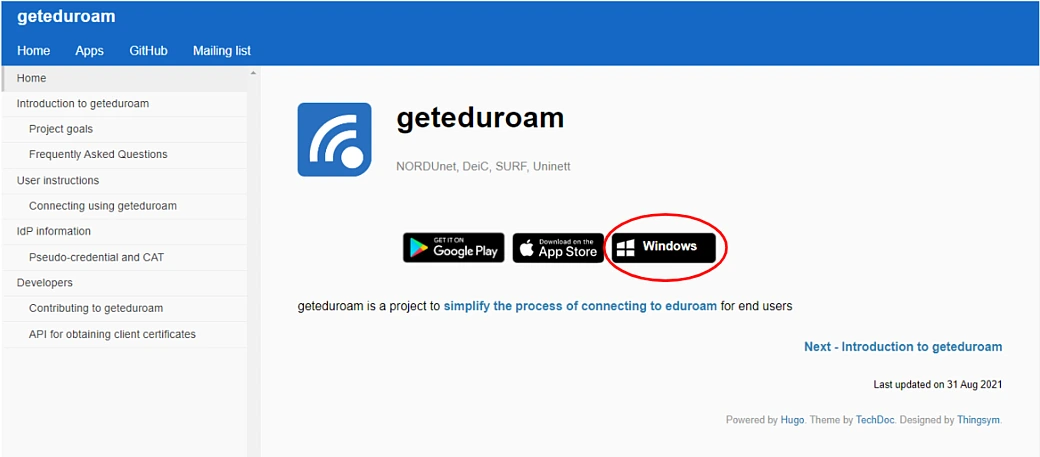 geteduroam in windows tab 