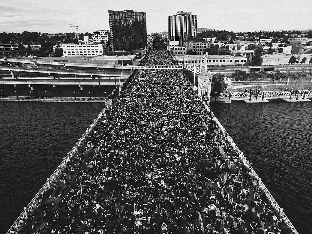 Protestors at Burnside Bridge in Portland, Oregon lay down for 8 minutes and 46 seconds in remembrance of George Floyd
