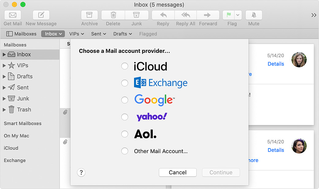 Screenshot of email provider window on macOS