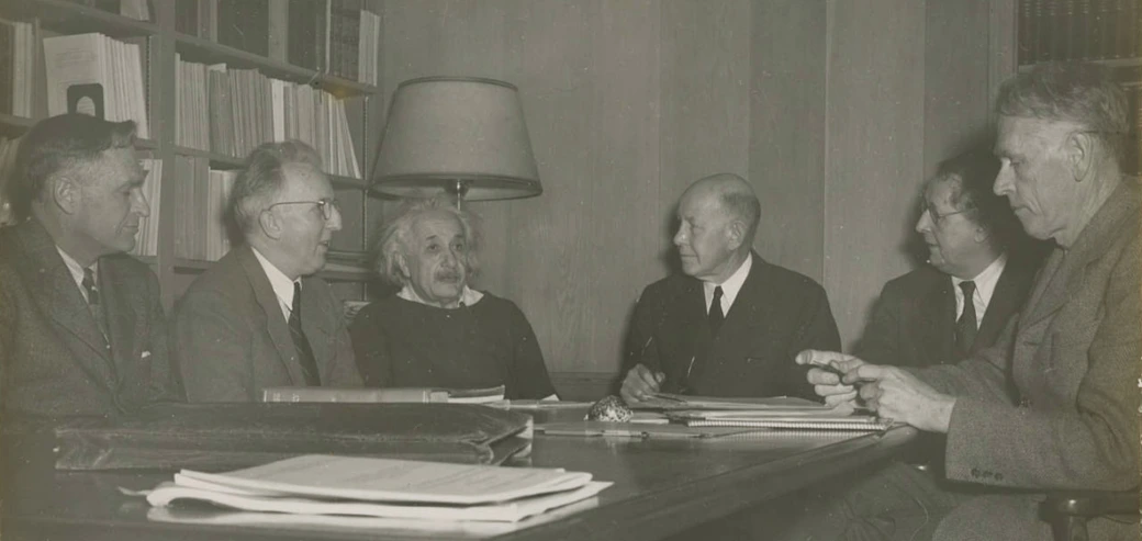 Photo featuring James Alexander, Marston Morse, Albert Einstein, Frank Aydelotte, Hermann Weyl, and Oswald Veblen 