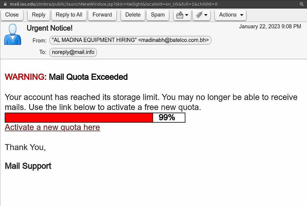 An image of a scam email that is described in the article.