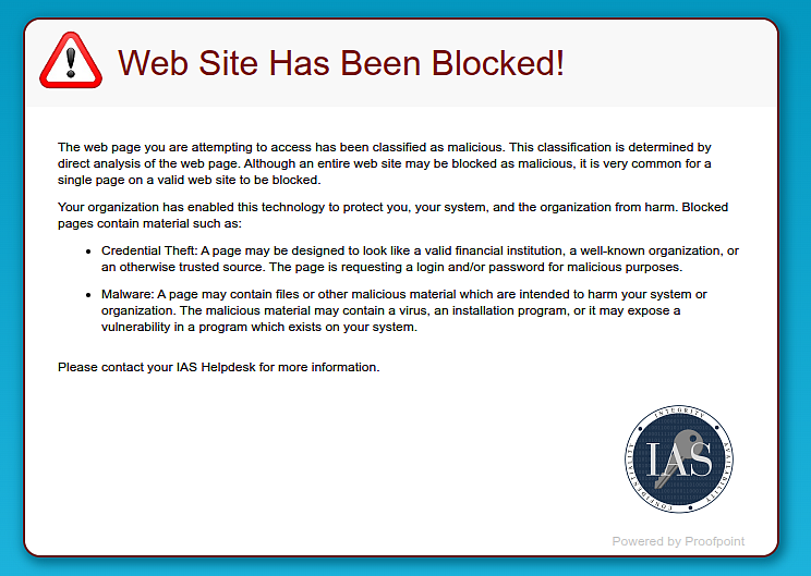 Website has been blocked page describing general reasons why the site may be blocked