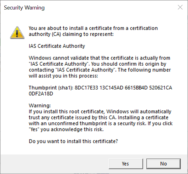 image - click Yes to install certificate