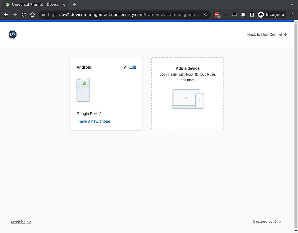 The Duo Devices list showing all your DuoSecurity devices and an option to add a device.