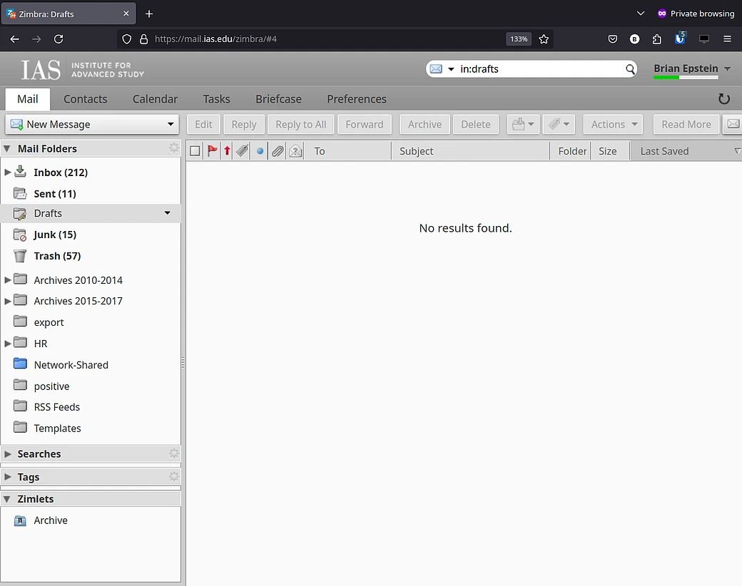 Zimbra Webmail main page after login