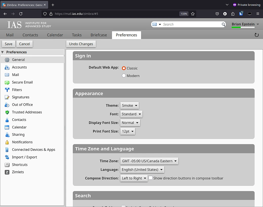 Zimbra Initial Preferences Screen
