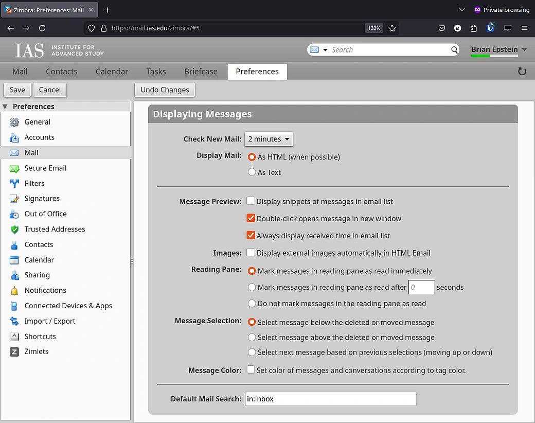 Zimbra Preferences mail screen