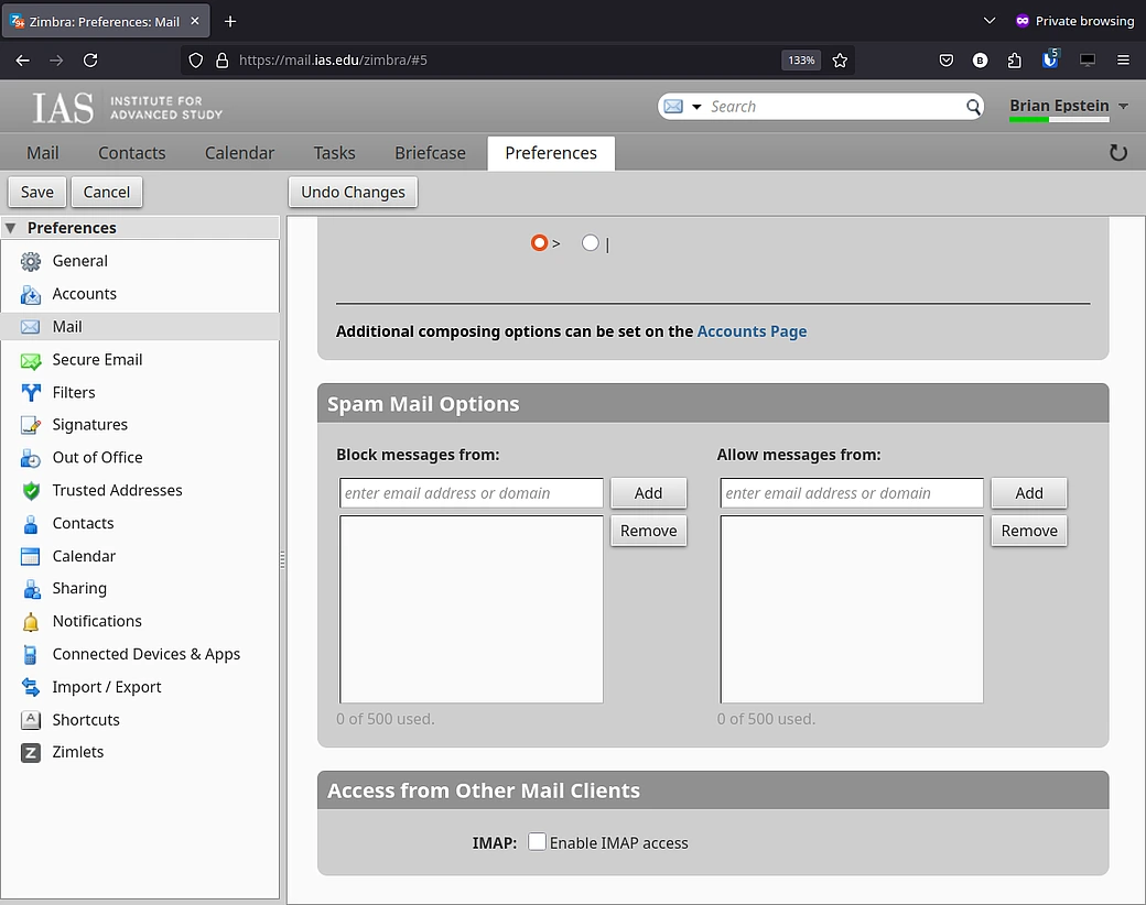 Zimbra Preferences Mail IMAP checkbox
