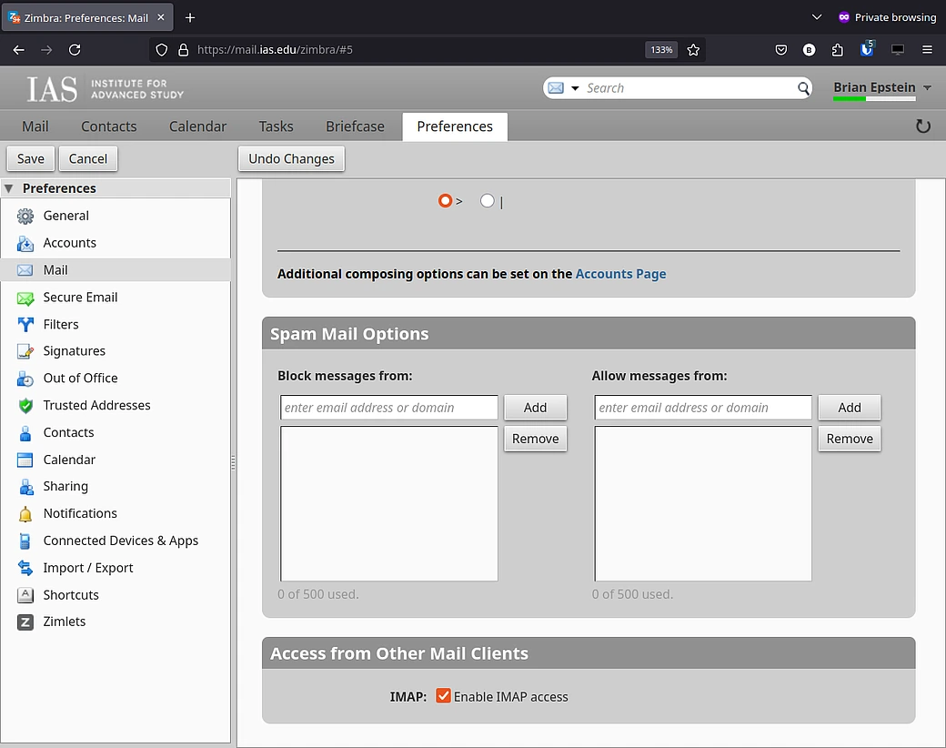 Zimbra Preferences Mail IMAP checkbox checked