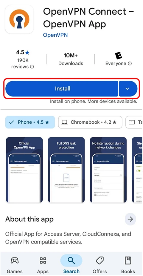 OpenVPN Playstore Install Page