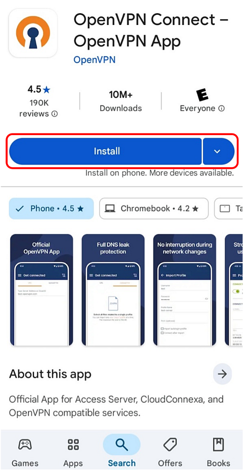 OpenVPN Playstore Install Page