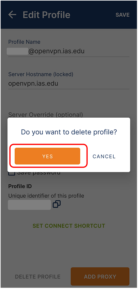 OpenVPN Delete Profile Page