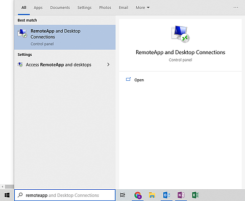 Screenshot of remoteapp search in Windows Start menu