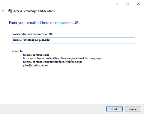 A screenshot of the RemoteApp URL on Windows 10