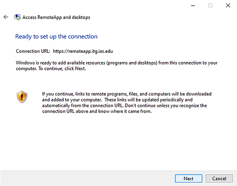 A screenshot of the RemoteApp Confirmation Message on Windows 10