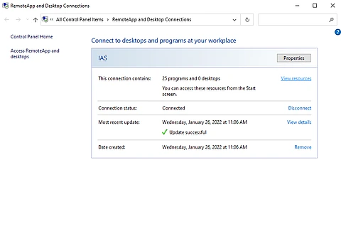 A screenshot of the RemoteApp and Desktop Connections window on Windows 10