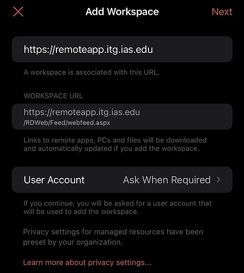 Mobile screenshot of adding a workspace URL to the Microsoft Remote Desktop application