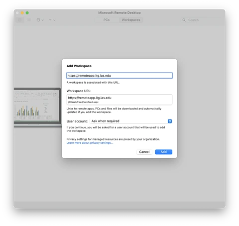 Screenshot of Adding RemoteApp URL to Microsoft Remote Desktop window