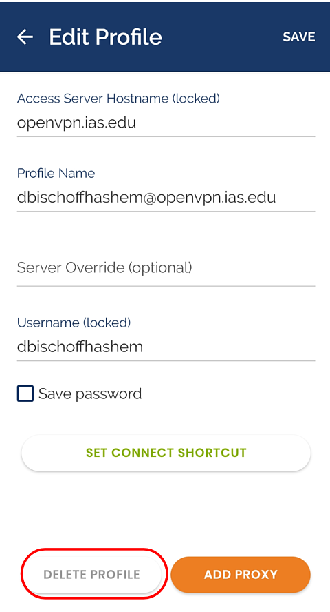 Edit profile screen in OpenVPN app