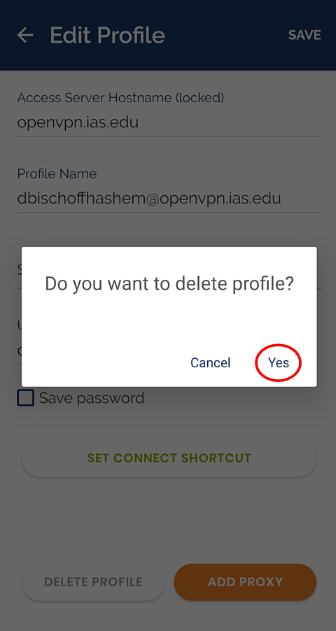 pop-up asking if user wants to delete profile