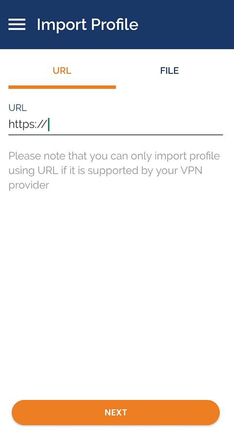 OpenVPN "import profile" page
