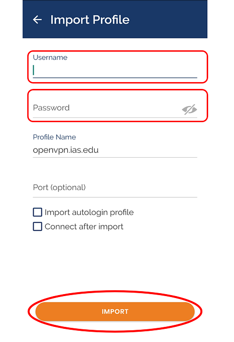 Username and password on OpenVPN app