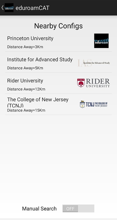 nearby configurations on the app which include Princeton University, Institute for Advanced Study, Rider University, and The College of New Jersey