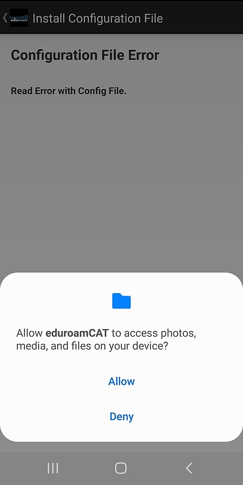 Pop up asking user to "allow" or "deny" eduroamCAT to access photos, media, and files on device