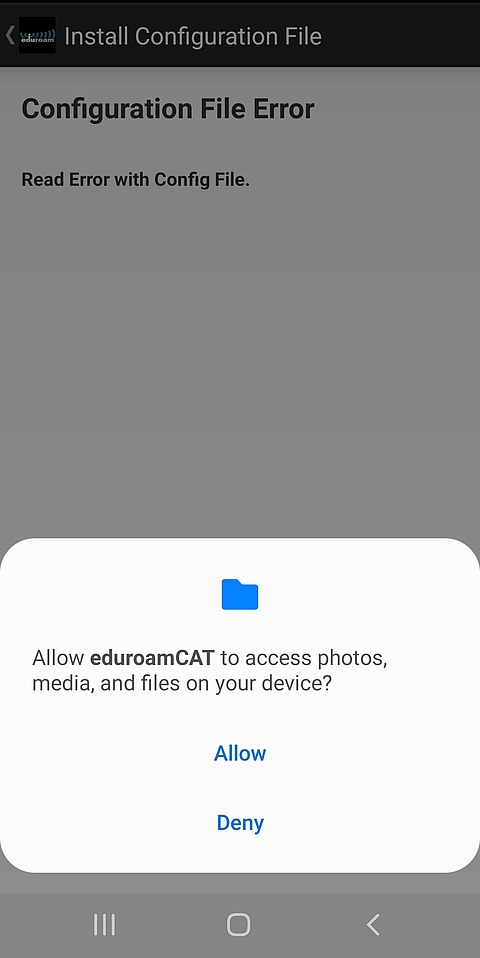 Pop up asking user to "allow" or "deny" eduroamCAT to access photos, media, and files on device