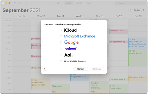 Screenshot of calendar account provider window on macOS