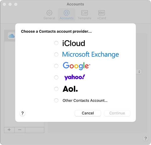 Screenshot of contact account provider window on macOS