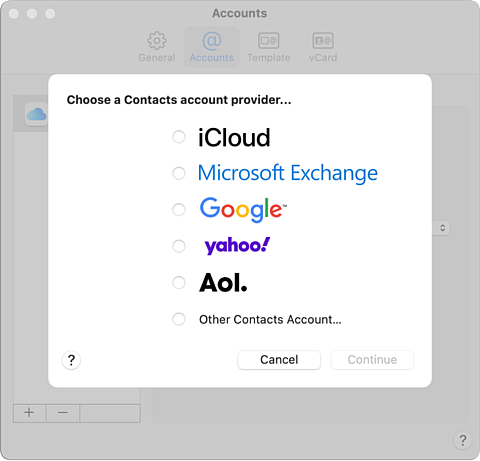 Screenshot of contact account provider window on macOS