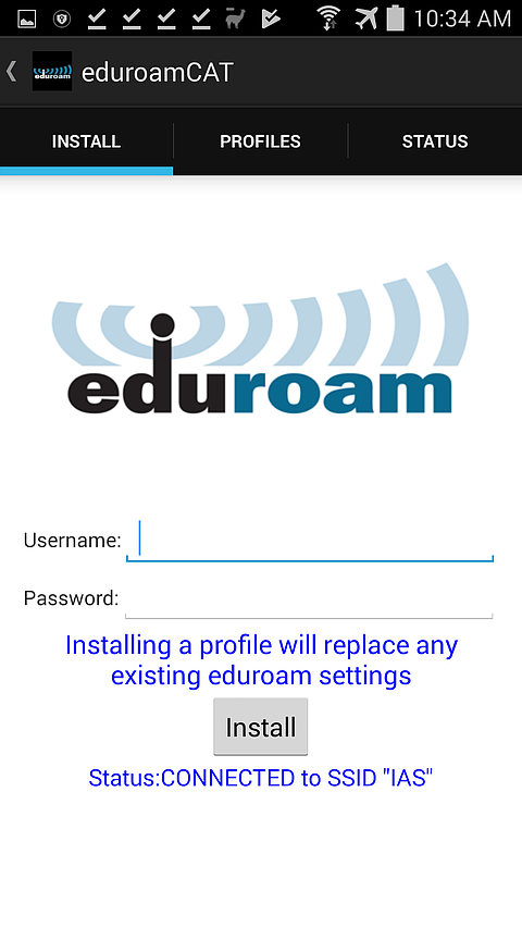 Eduroam login screen