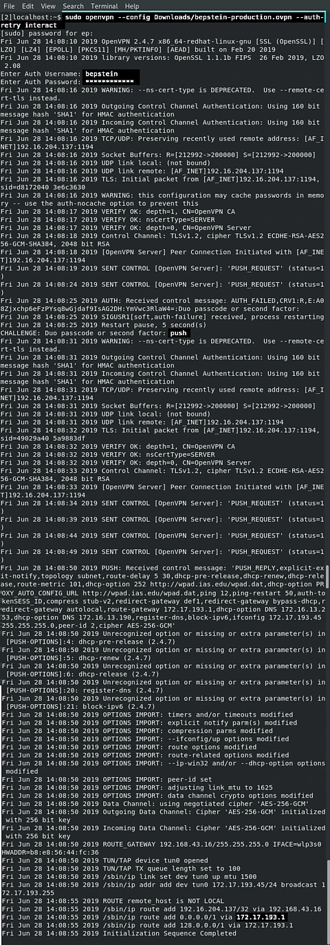 A terminal window showing the results of the command being run.