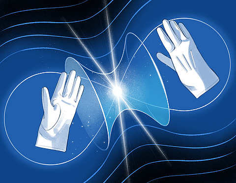 Artist depiction of gloves floating on opposite sides a wormhole